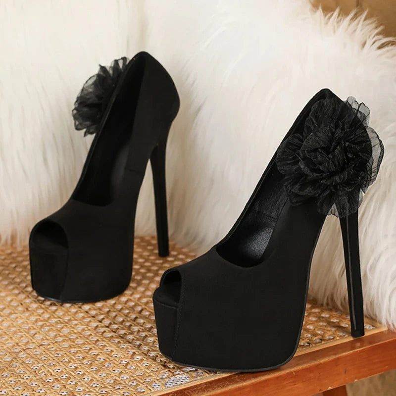 Black High Heels For Ladies Mesh Flower Women Platform Pumps Sexy Peep Toe Stiletto Party Dress Shoe Zapatos Mujer