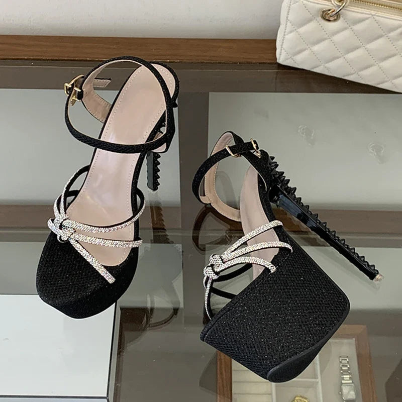 Summer Rhinestone Narrow Band Women Sexy 17CM Rivet Stiletto Sandals
