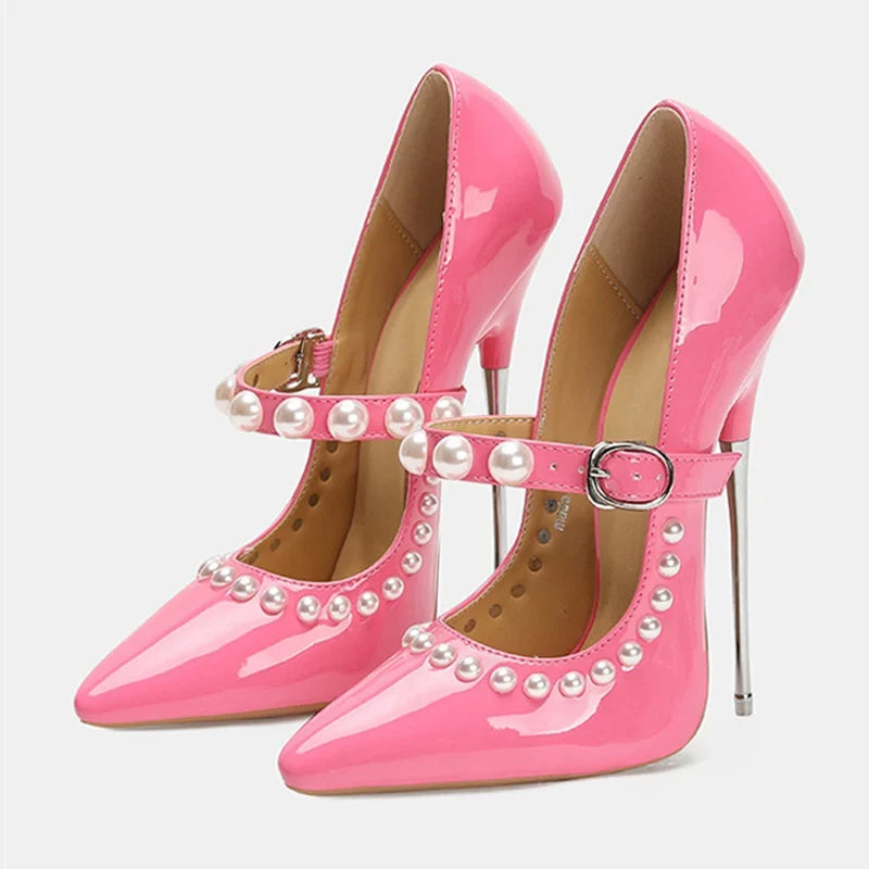 Design Pearls Buckle Strap Patent Leather Women Pumps
