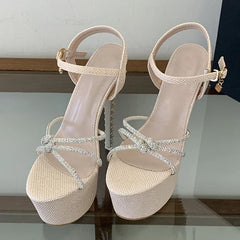 Summer Rhinestone Narrow Band Women Sexy 17CM Rivet Stiletto Sandals
