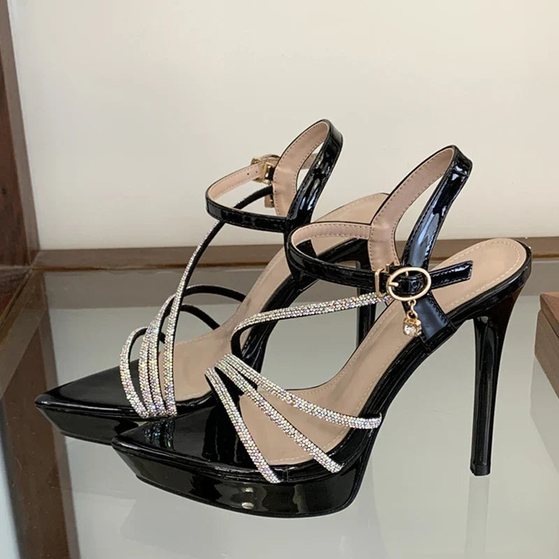 Designer Rhinestone Narrow Band Pointed Open Toe Black High Heels Platform Sandals