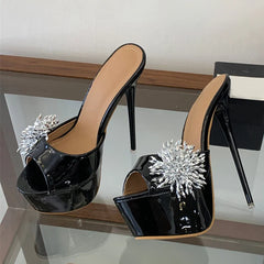 Summer 16CM Women Super High Heels Slipper Sexy Peep Toe Party Stripper Shoes Black Apricot Patent Leather Platform Sandal
