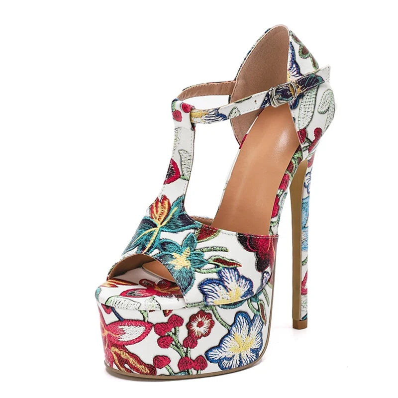 Designer Print Flower Leather Platform High Heels Sandals