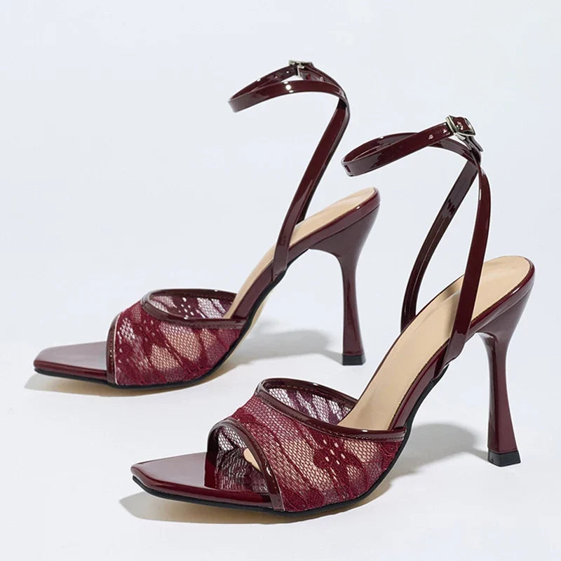 Wine Red Patent Leather Ankle Strap Sandals