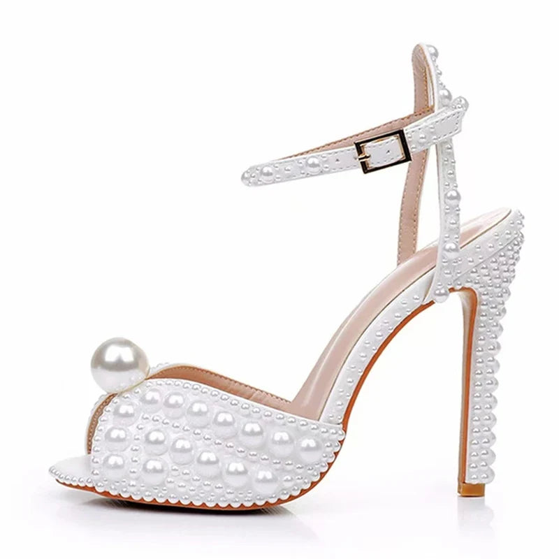 High Quality Handmade Pearl Thin Heels Sexy Ankle Strap White Sandals