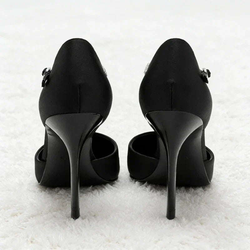 Black Pointed-Toe Satin High Heels