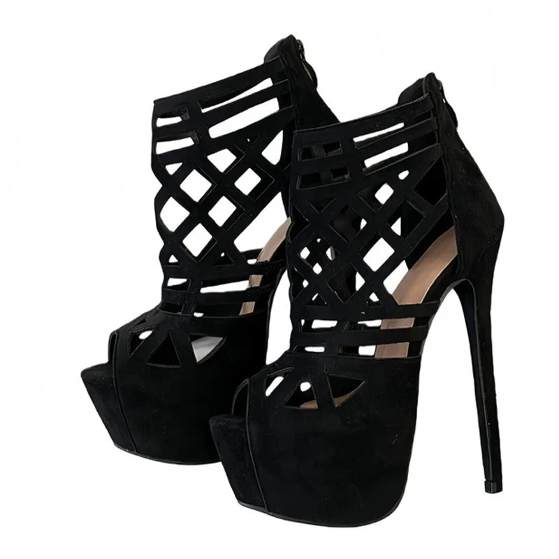 Rome Style Hollow Out Narrow Band Peep Toe Platform High Heels Sexy Party Culb Stripper Shoes Pumps