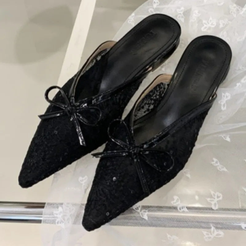 Sweet Bow Embroidered Flower Low Heel