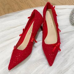 Red Pointed Toe Bow Decorated High Heels