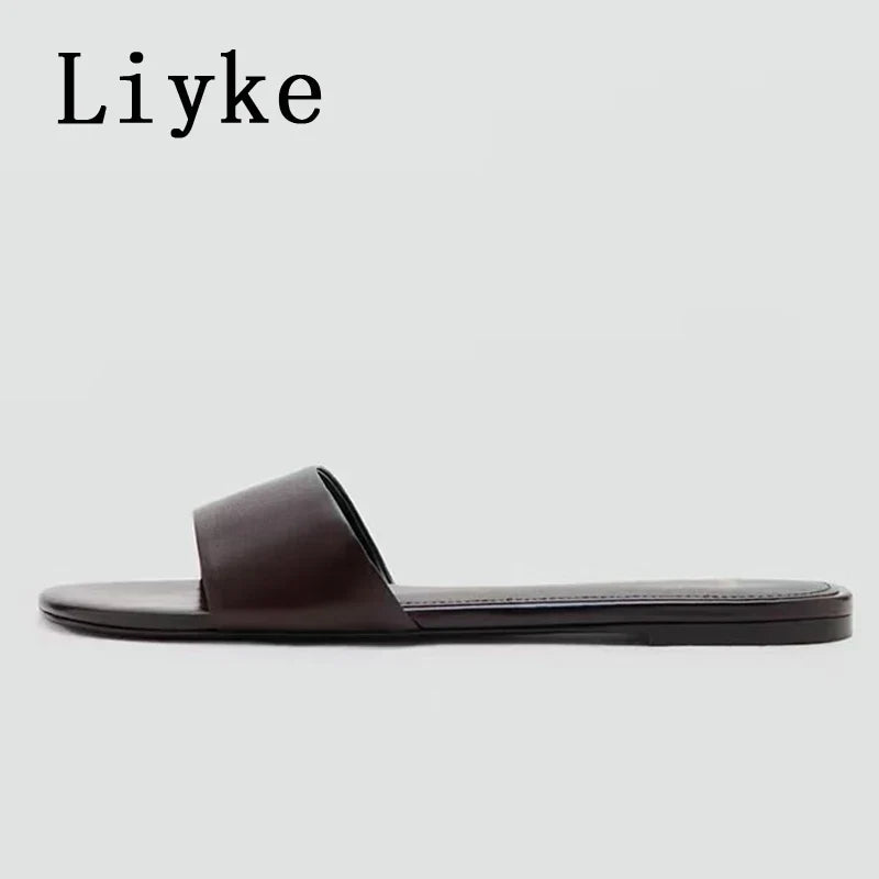 Designer Slides Female Concise Comfortable Leather Square Toe Flat Slippers