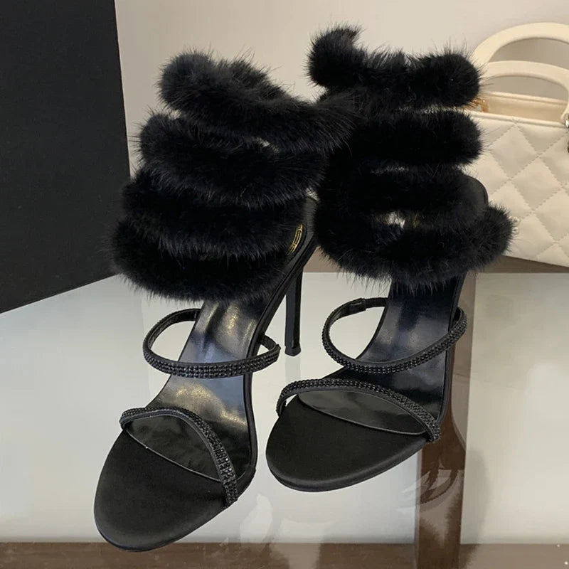 Star Style White Feathery Fur Snake Twine Around Ankle Strap Sandals
