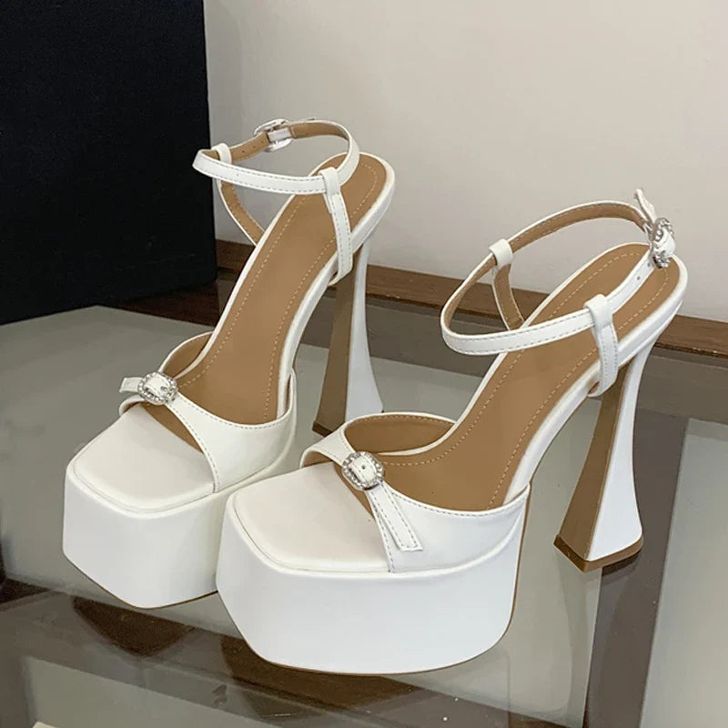 Summer Sexy Thick Bottom Square Toe 16CM Chunky High Heels Wedding Prom Shoe Crystal Buckle Platform Sandals