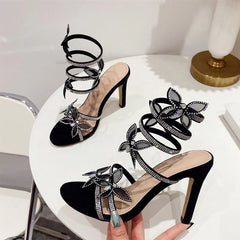Crystal Butterfly Open Toen Thin High Heels Rhinestone Snake Coiled Ankle Strap Sandals