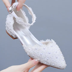 pointed toe hollow white pearl lace flower square heel wedding shoes banquet large size flat women sandals