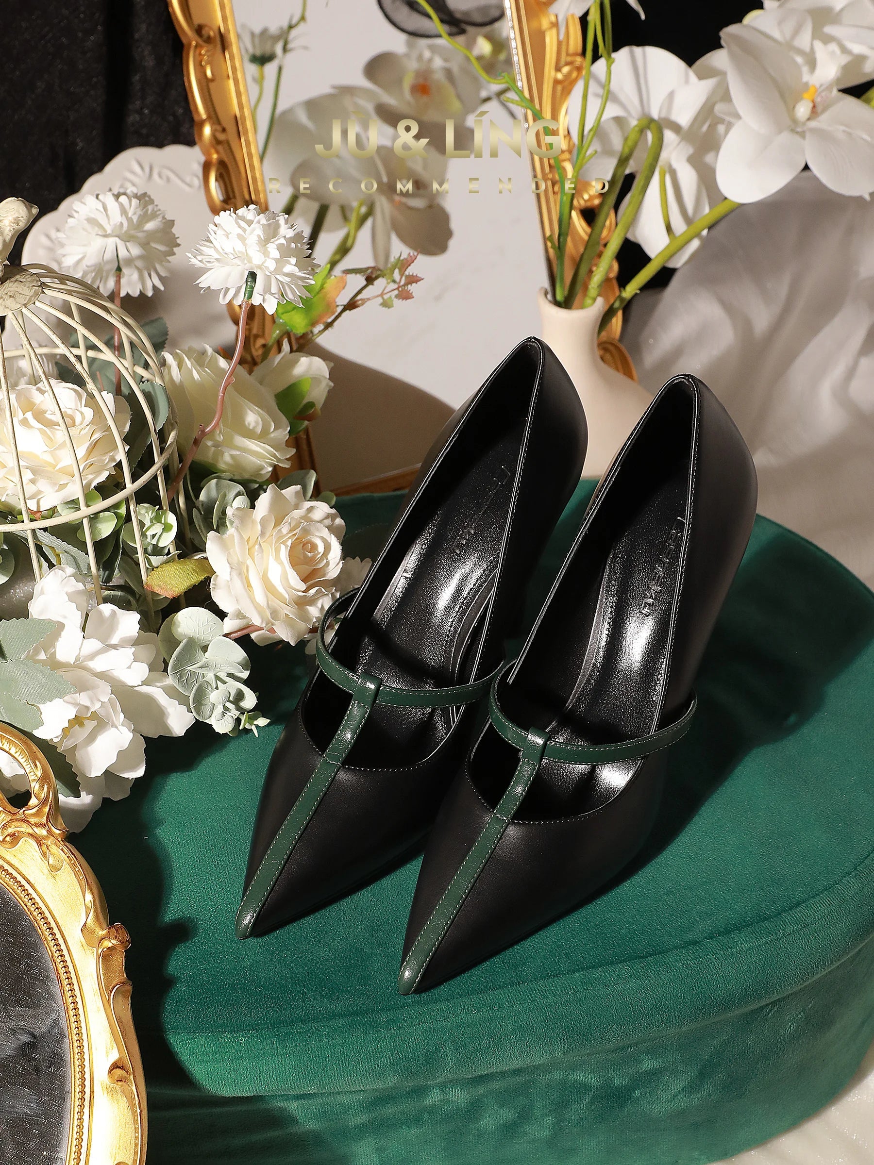 Style High Heels Women's Thin Heels T-shaped Straps Sexy Black Pointed Single Shoes Color blocked Splicing Single Shoes