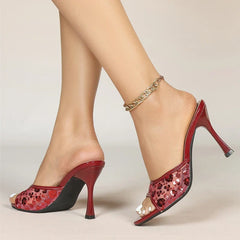 Red Sequined Mesh Mules High Heels
