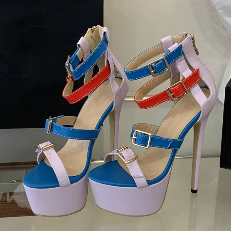 Runway Style Patchwork Mixed Colors One-Line Buckle Sandals