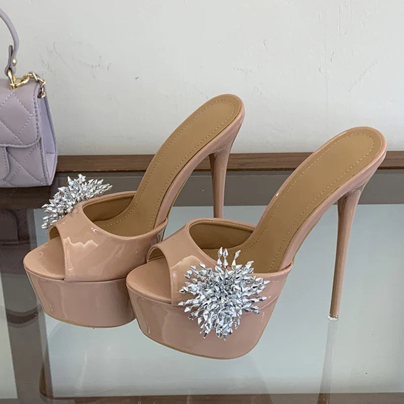 Summer 16CM Women Super High Heels Slipper Sexy Peep Toe Party Stripper Shoes Black Apricot Patent Leather Platform Sandal