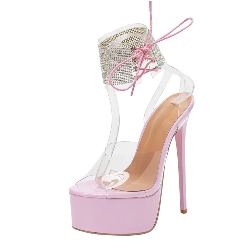 Rhinestone PVC Ankle Cover Strap Women Platform High Heels Transparent Sandals