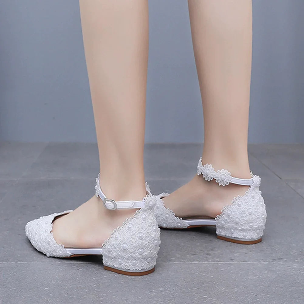 pointed toe hollow white pearl lace flower square heel wedding shoes banquet large size flat women sandals