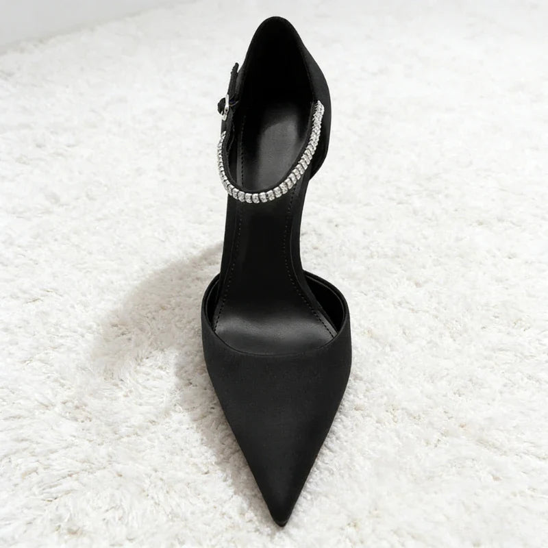 Black Pointed-Toe Satin High Heels