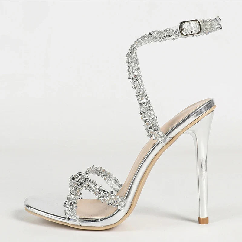 Elegant Woman Wedding Party Shoes Summer Sequined PVC Cross Strap Sandals