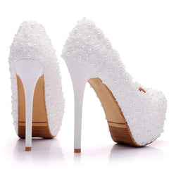 Spring round toe shallow pearl lace flower waterproof table wedding shoes banquet dress large size thin high-heeled women's shoe