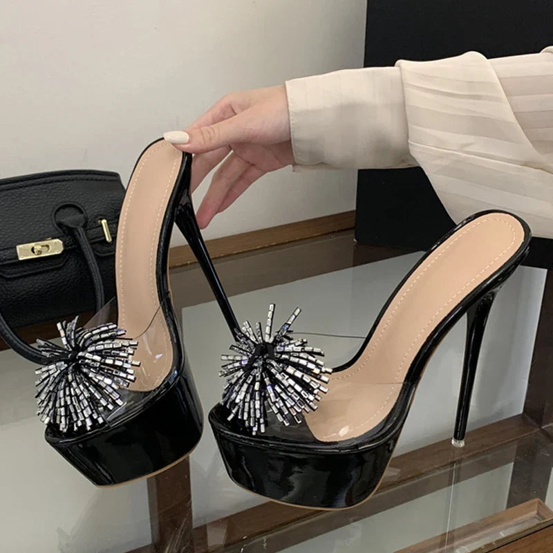Design Rhinestone Flower Open Toe Show Platform High Heels Transparent Slippers