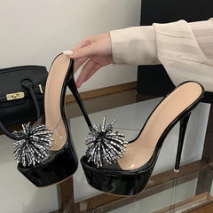 Design Rhinestone Flower Open Toe Show Platform High Heels Transparent Slippers