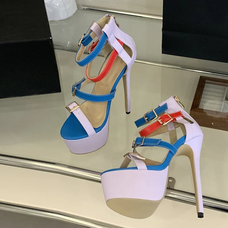 Runway Style Patchwork Mixed Colors One-Line Buckle Sandals