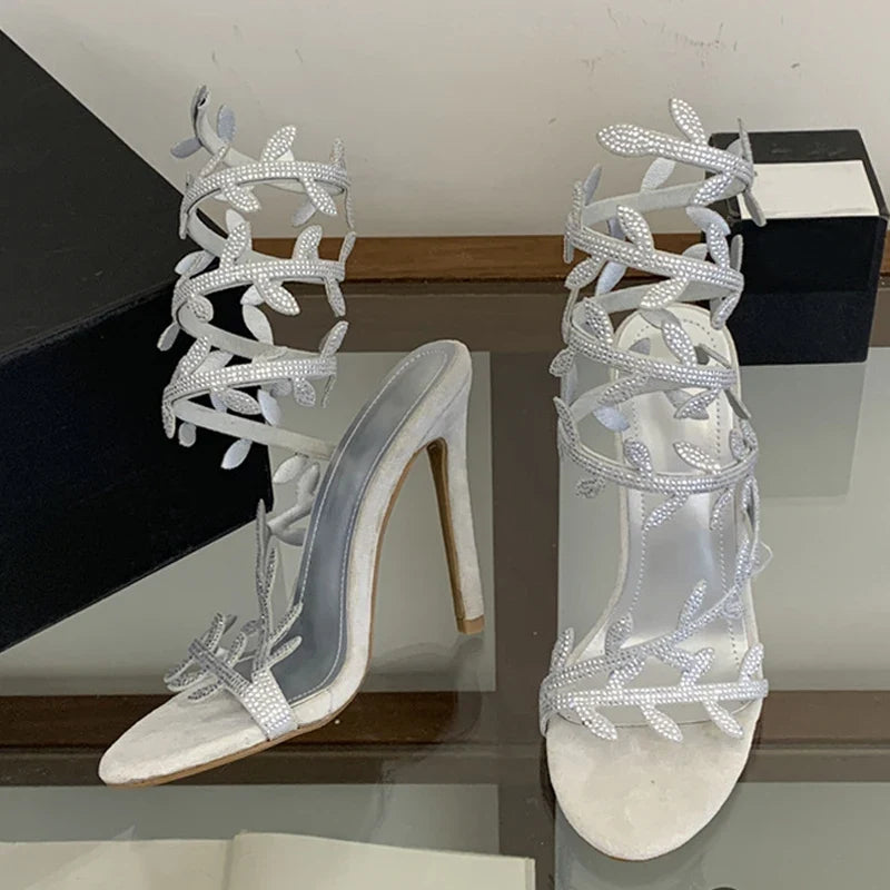Summer Crystal Leaf Ankle Snake Twine Around Strap Sandals