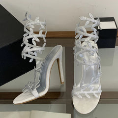 Summer Crystal Leaf Ankle Snake Twine Around Strap Sandals