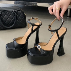 Summer Sexy Thick Bottom Square Toe 16CM Chunky High Heels Wedding Prom Shoe Crystal Buckle Platform Sandals