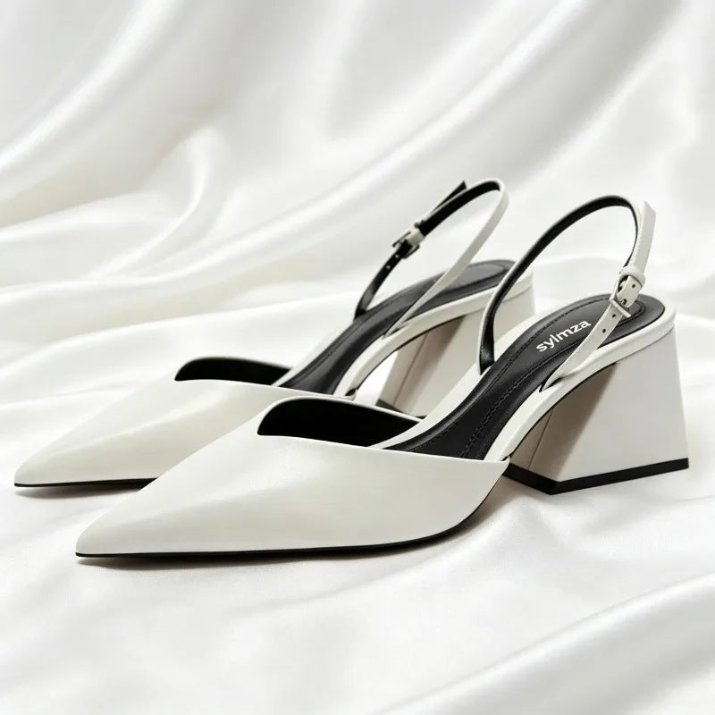 Sexy White Pointed Toe Chunky Heel Pumps