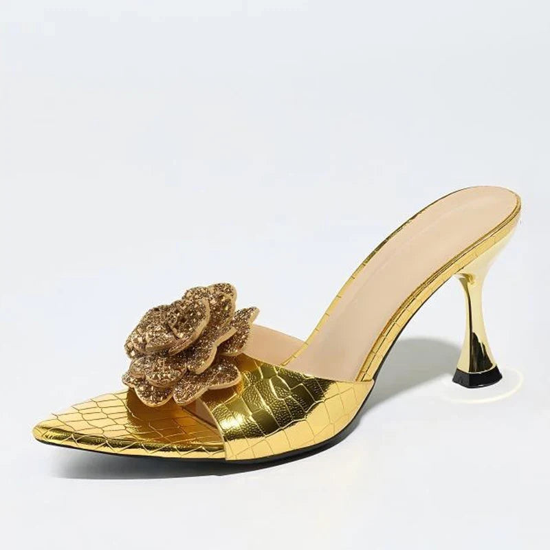 Summer Party Slippers Ladies Crystal Rhinestone Flower Open Toe Low Heels Gold Sandals