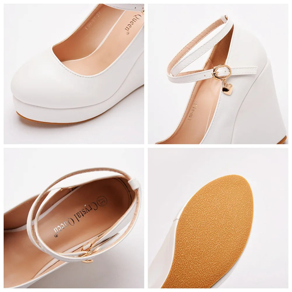 Wedge heel shoes spring white PU round toe cross-band wedding shoes