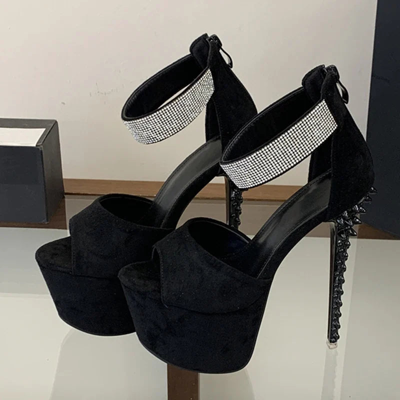 Designer Rhinestone Ankle Cover Strap Women Sexy 17CM Sandal Platform High Heels Party Club Stripper Pole Dance Shoe Black