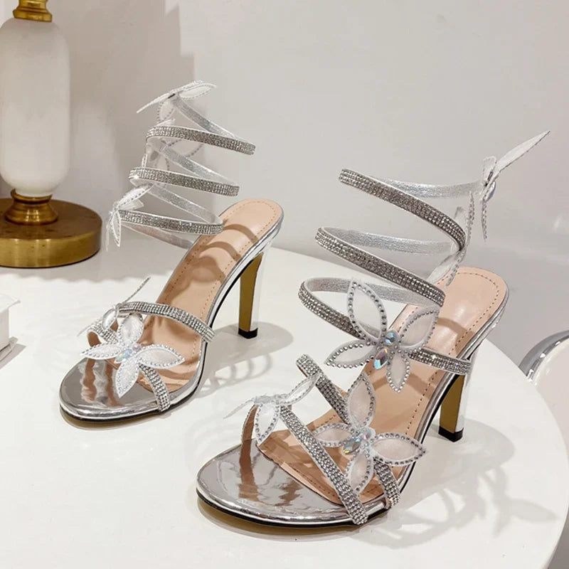 Crystal Butterfly Open Toen Thin High Heels Rhinestone Snake Coiled Ankle Strap Sandals