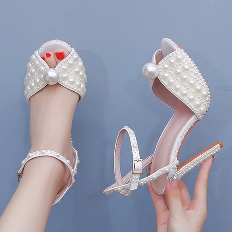 High Quality Handmade Pearl Thin Heels Sexy Ankle Strap White Sandals