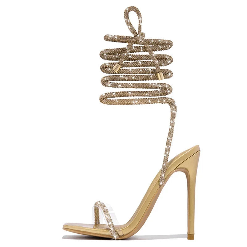 Sexy Gold Crystal Ankle Cross Strap Sandals