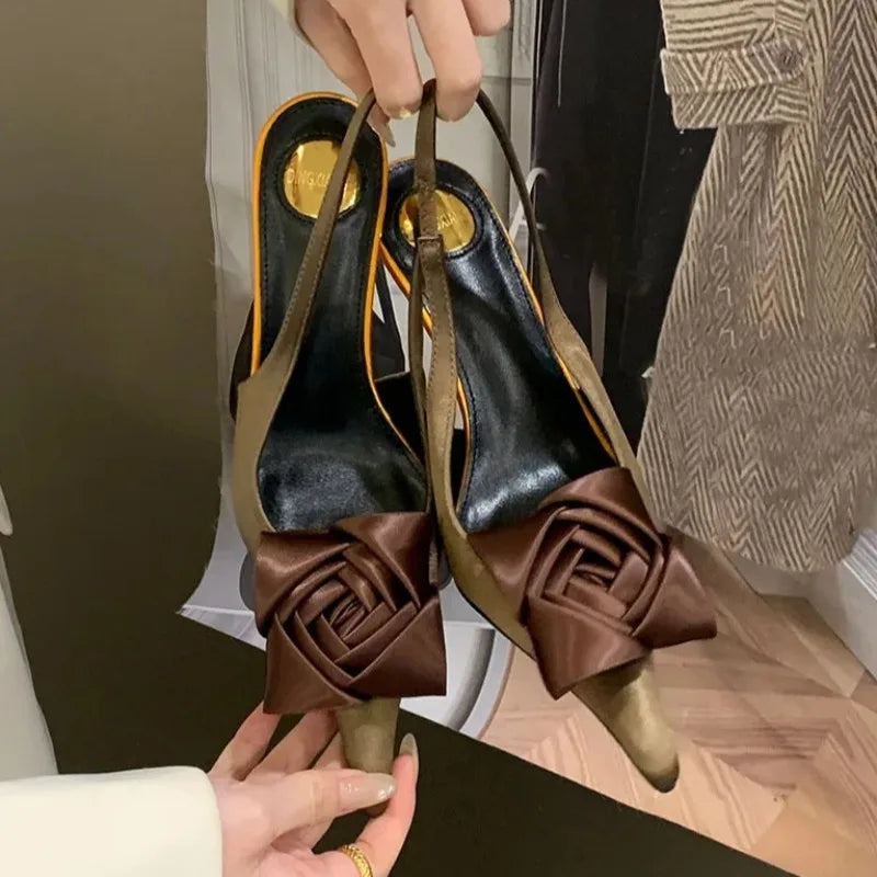 Elegant Satin Flower Decoration Slingback Heels