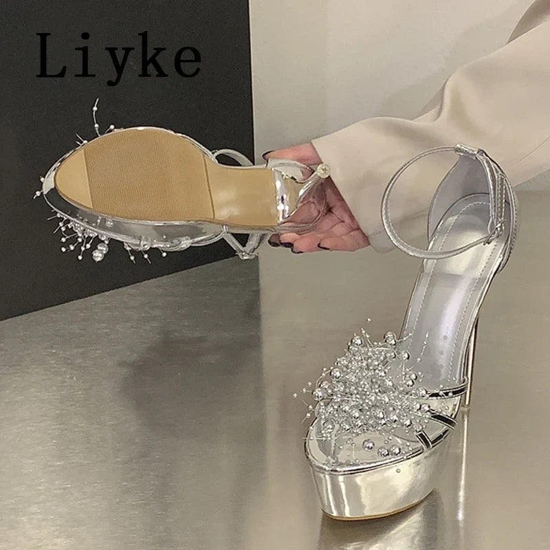 Summer Pyrotechnic Diamond Open Toe Ankle Cover Strap Platform Sandals