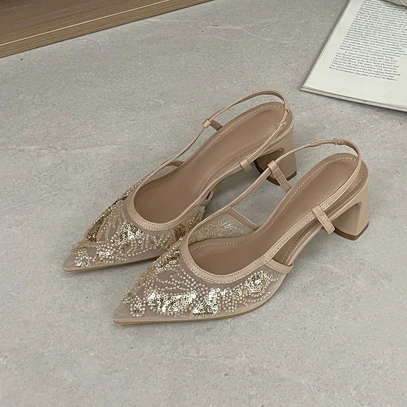 Sequin String Bead Embellished Heels