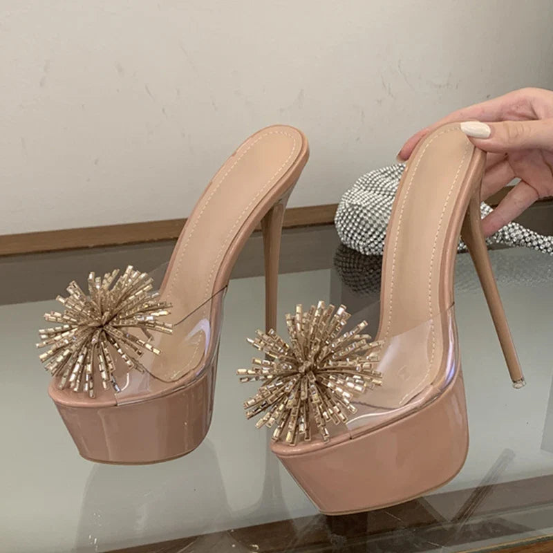 Design Rhinestone Flower Open Toe Show Platform High Heels Transparent Slippers