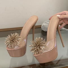 Design Rhinestone Flower Open Toe Show Platform High Heels Transparent Slippers