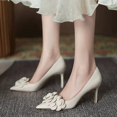 Cream White Camellia High Heels Pointed Toe Stiletto Pumps Elegant French Style Niche Design Party Wedding Shoes