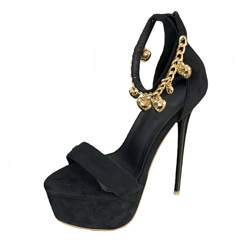 Design Bell Chain Ankle Zip Cover Strap Women Sexy 16CM Sandal Platform High Heels Party Club Stripper Shoes Black