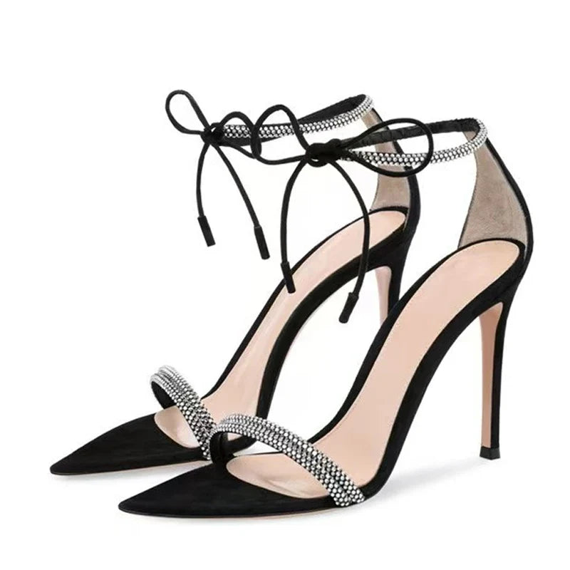 Sexy Rhinestone Ankle Strap Lace Up Women 8CM Stiletto Sandals