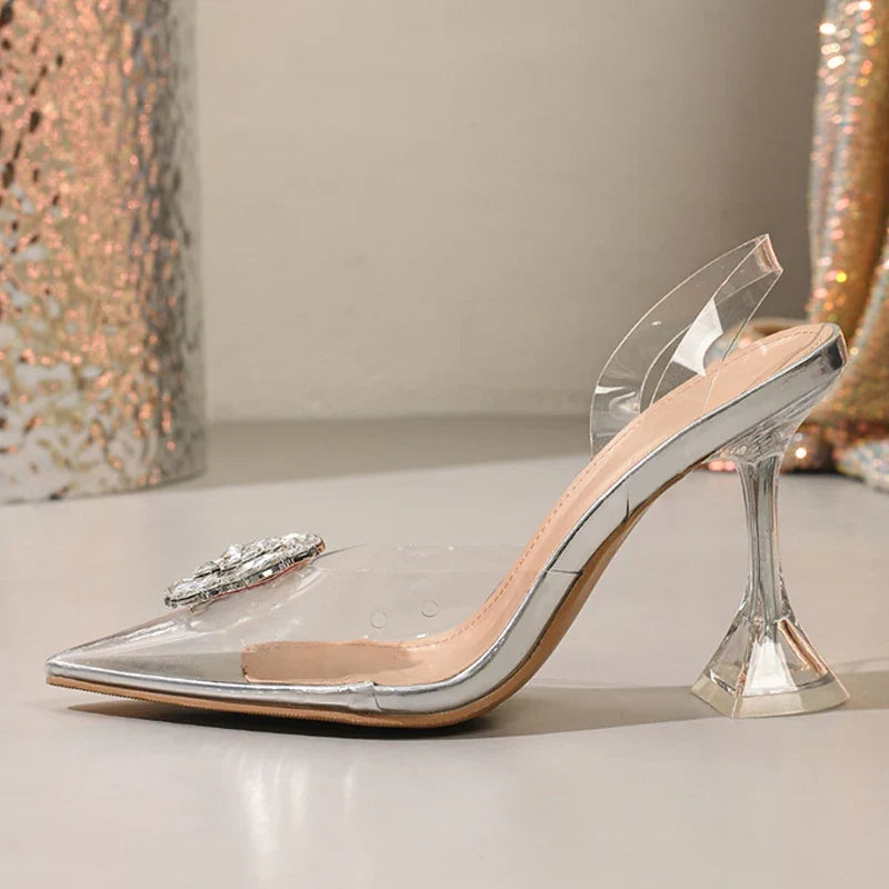 Strange Style Perspex Transparent Heels For Woman Crystal Buckle Pointed Toe Wedding Prom Shoes Women Pumps