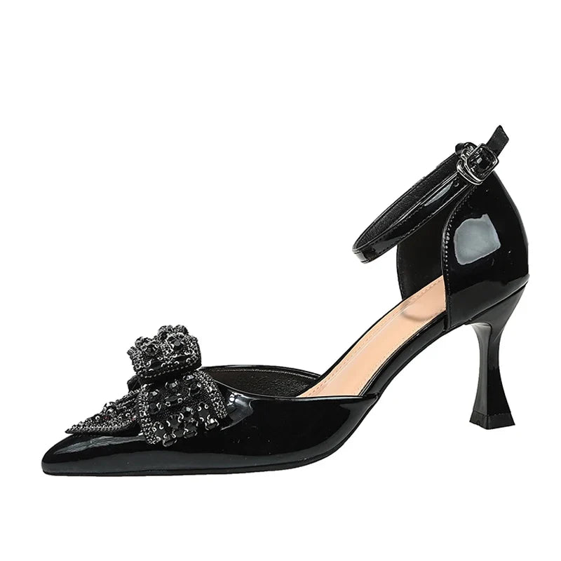 Rhinestone Bowknot High Heels Wedding Party Prom Shoes Elegant Pointed Toe Slingback Sandals